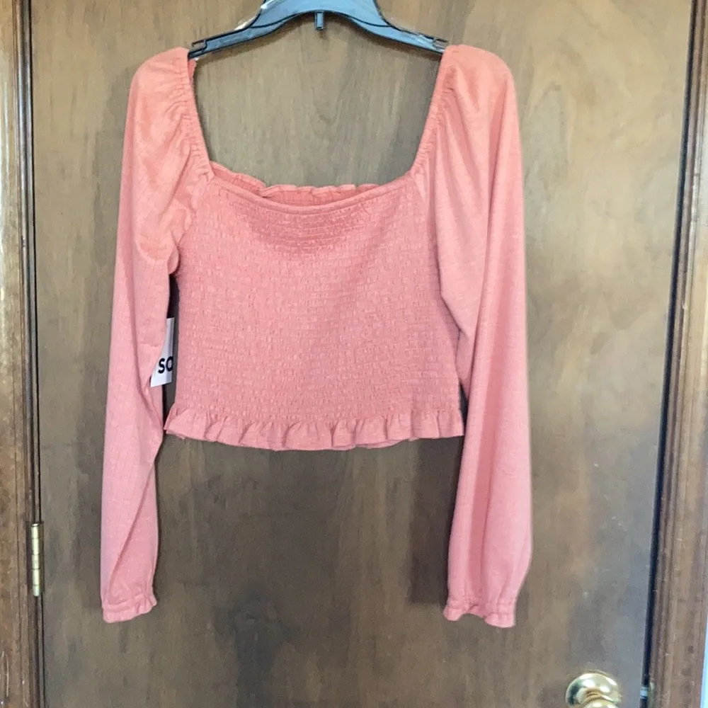 SO top blush crepe long sleeve smocked top boho cottagecore casual L jrs - Picture 14 of 16